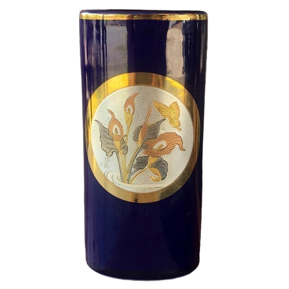 Vintage Chokin blue lily 24k gold Trim vase butterfly florals beautiful gift